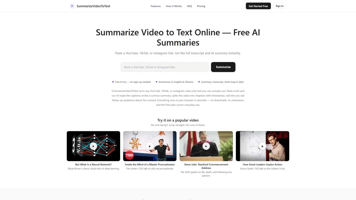 Summarize Video to Text - Tool preview