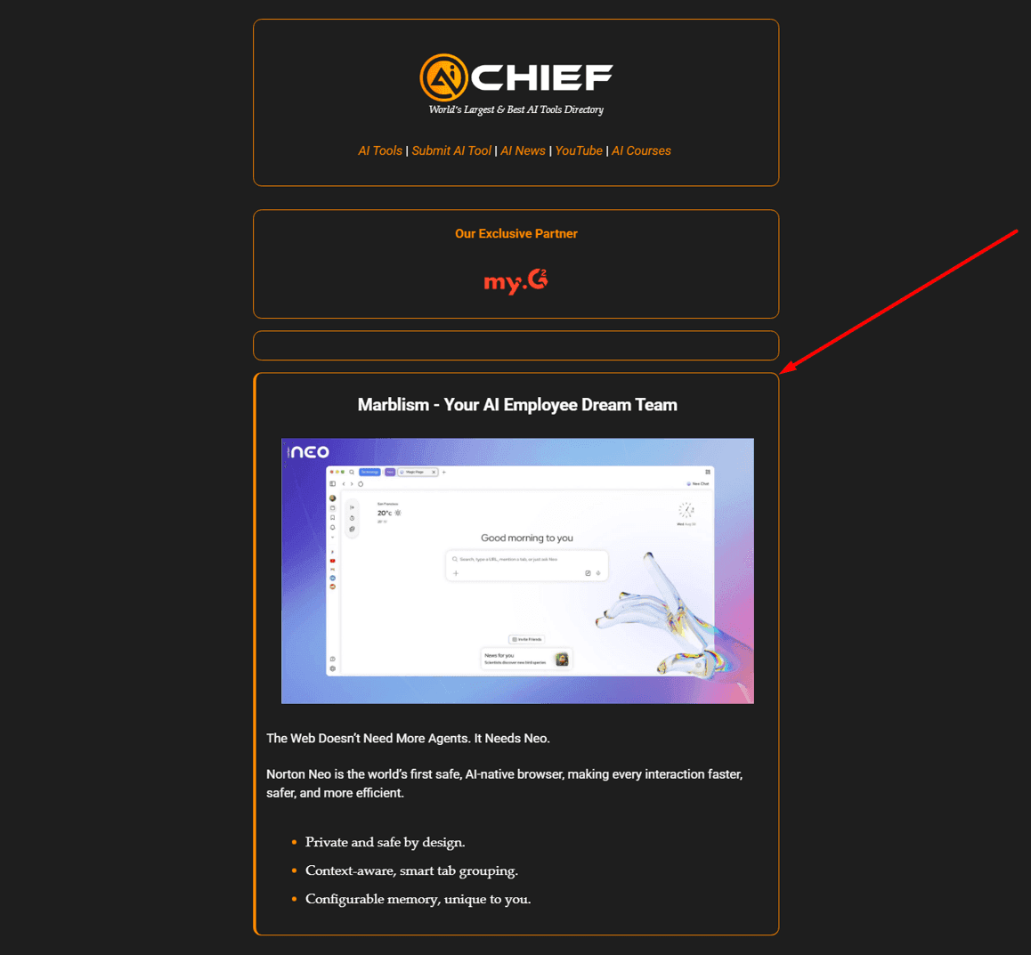 An AIChief Daily issue with a sponsored Featured Spot: the AIChief masthead and partner block above, then the sponsor's headline, a full-width product image, editorial copy and a bulleted list of what the product does.