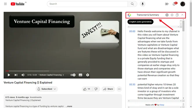Select the Transcript & Summary option next to the video