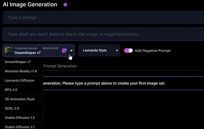 choose the model of Leonardo's AI image