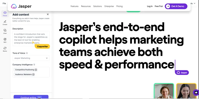 Jasper AI homepage where you can create content