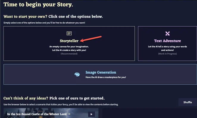 Select from different styles of writing (storyteller or Text adventure