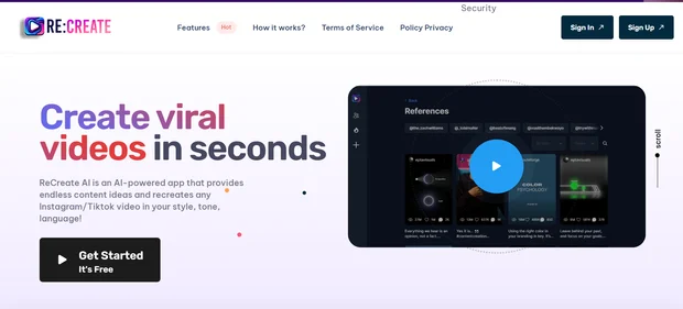 ReCreate Video homepage