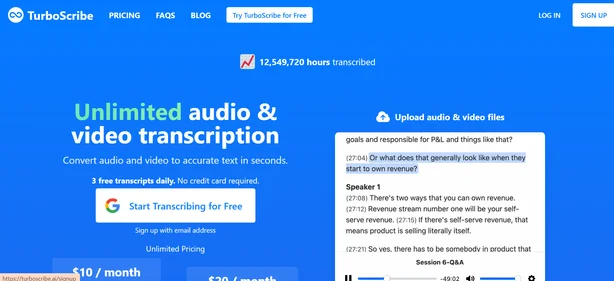Turboscribe AI homepage