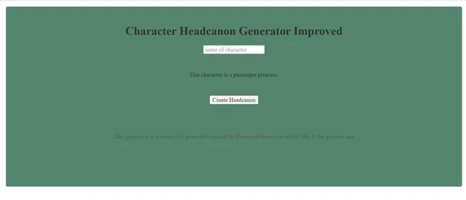 Character Headcanon Generator homepage
