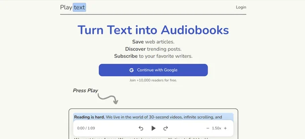 Playtext App homepage