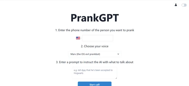 PrankGPT homepage