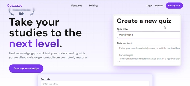 Quizzio App homepage