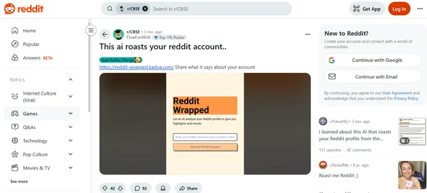 Reddit Roast AI homepage