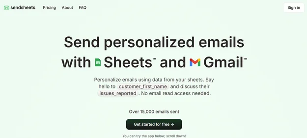 SendSheets homepage