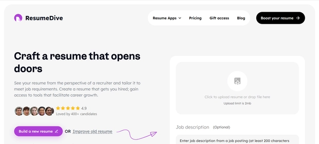 ResumeDive homepage