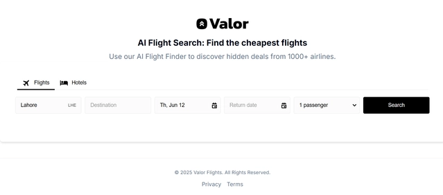 Valor Flights homepage
